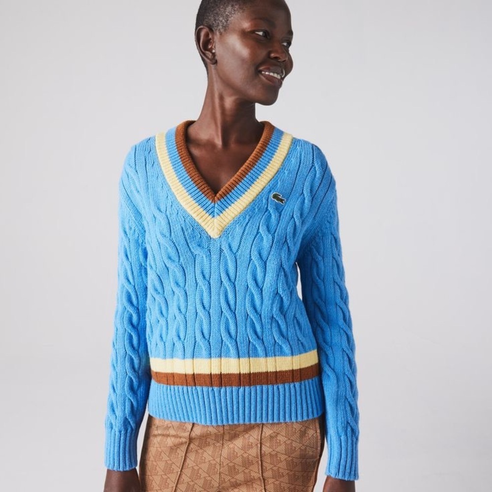 Lacoste Blue V-Neck Cable Knit Sweater